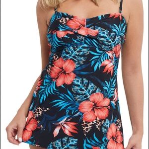 Tribal Women's Navy Tropical Floral One-Piece Swimdress - Coral & Teal